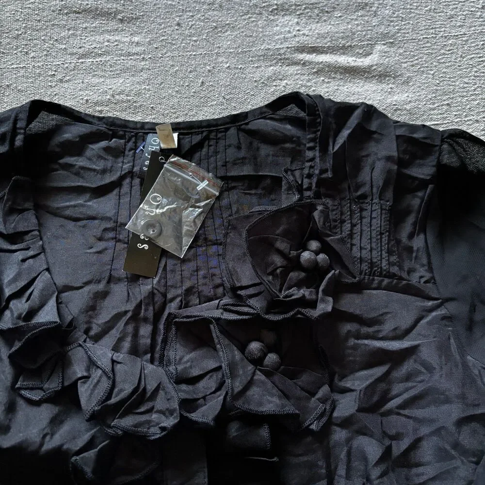 Y2K Silk Blend Black Ruffled Short Sleeve Button-Up